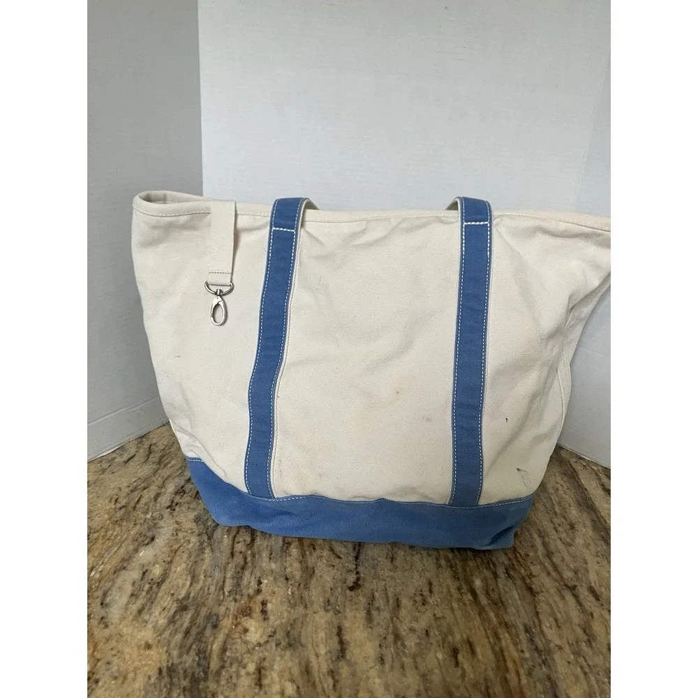 Vintage Lands End Tote 90s Blue White Canvas Large 5 Pocket Double Handle
